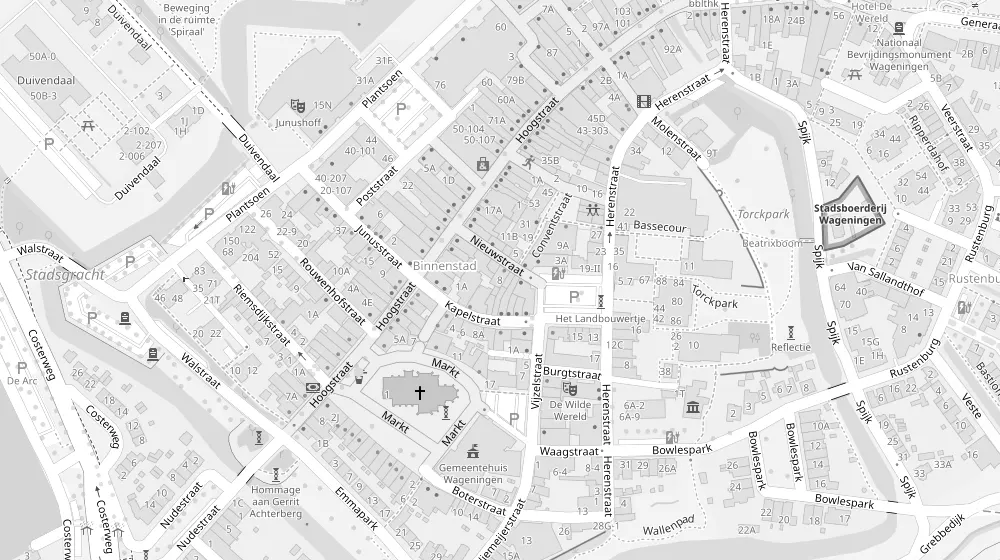 Plattegrond van de binnenstad van Wageningen met Nieuwstraat 8 gemarkeerd